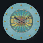 Relógio Grande Elegant Turquoise Art Deco Wall Clock<br><div class="desc">Chic wall clock done in a turquoise damask background.  Elegant graphics of gold studs represent the numbers,  around the edge,  and a lovely colorful Art Deco style circular decoration in the middle of the clock.  Customize to add text.  Lovely clock for any room of the house or office.</div>