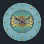 Relógio Grande Elegant Turquoise Art Deco Wall Clock<br><div class="desc">Chic wall clock done in a turquoise damask background.  Elegant graphics of gold studs represent the numbers,  around the edge,  and a lovely colorful Art Deco style circular decoration in the middle of the clock.  Customize to add text.  Lovely clock for any room of the house or office.</div>