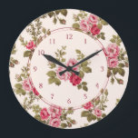 Relógio Grande Elegant Vintage Pink Roses-Buff Background<br><div class="desc">Gorgeous sprays of elegant romantic pink roses and lush green foliage on soft buff background with optional center floral graphic. Pattern is seamless and can be resized up or down using the scale   and - buttons in the design tool. Round elements and numbers are editable.</div>