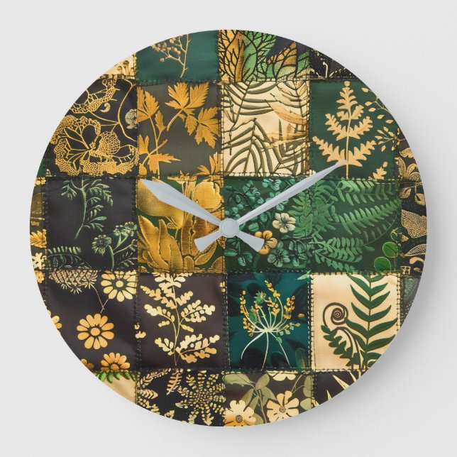 Relógio Grande ✨Elegante Design de Patchwork Botânico Floral (Frente)