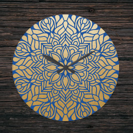 Relógio Grande Elegante Dourado e Blue Floral Mandala
