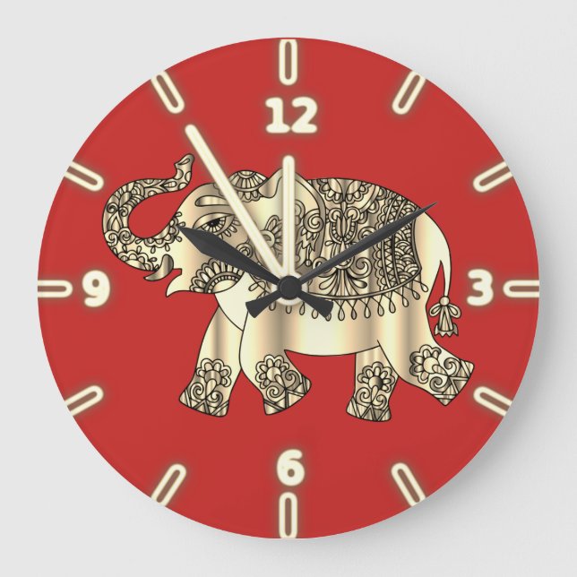 Relógio Grande Elegante Dourado Paisley Floral Elephant, Vermelho (Frente)