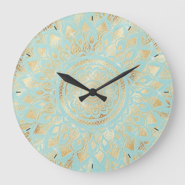 Relógio Grande Elegante Dourado Teal Mandala Floral (Frente)