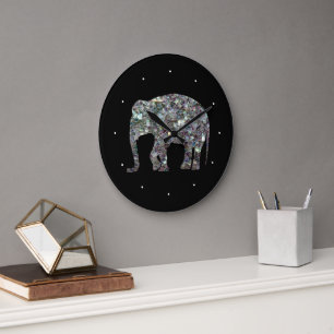 Relógio Grande Elegante elefante brilhante em mosaico prateado