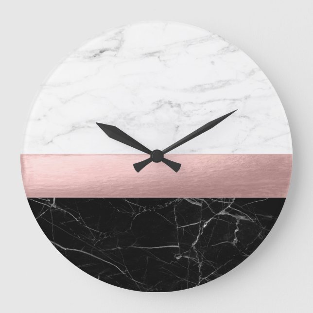 Relógio Grande elegante rosa de mármore branco preto claro (Frente)