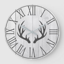 Relógio Grande Elegante Rustic Faux White Wood & Deer Antlers