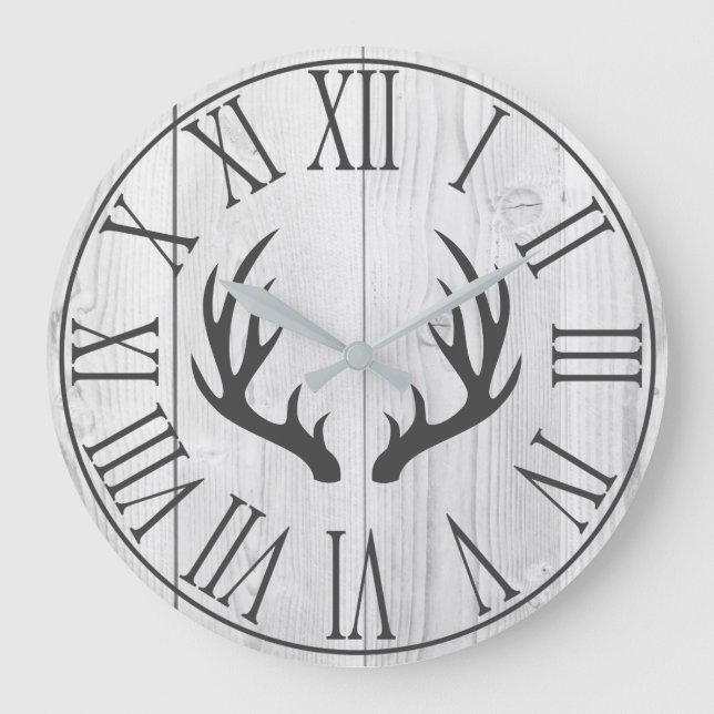 Relógio Grande Elegante Rustic Faux White Wood & Deer Antlers (Frente)