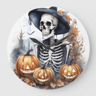Relógio Grande Elegante Skeleton Halloween Watercolor