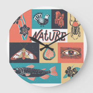 Relógio Grande Elementos Natureza, Ícones de Estilo Retroativo.