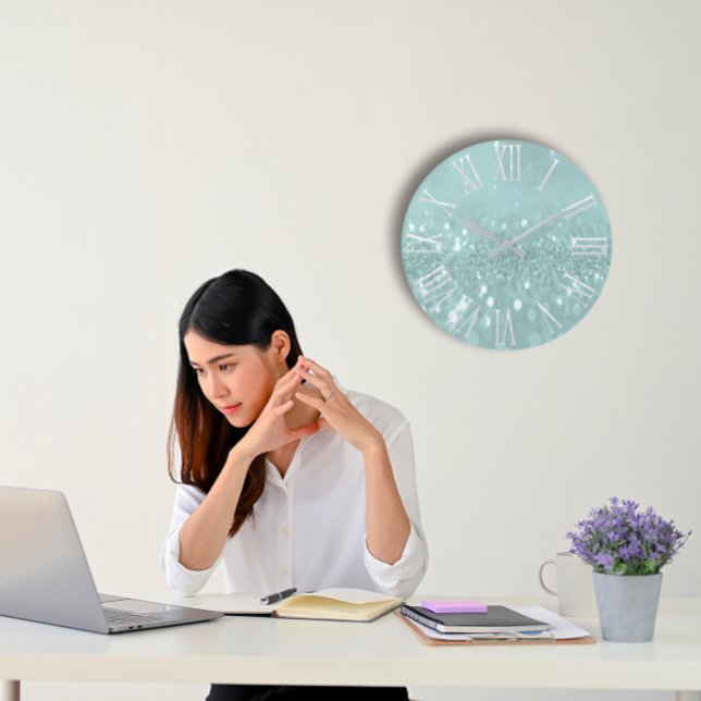 Relógio Grande Eleve seu espaço com a Cinza de Coleta Teal Meta (Teal Glitter Grey Metallic Silver Roman Number Large Clock)