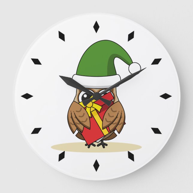 Relógio Grande Elf Owl de Natal com Presente (Frente)