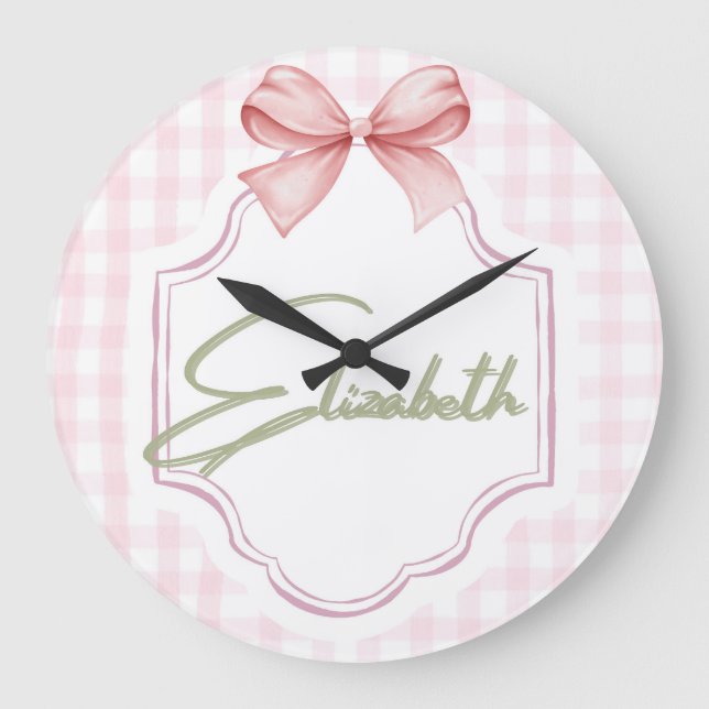 Relógio Grande Elizabeth Baby Girl Nursery Gingham Personalizada (Frente)