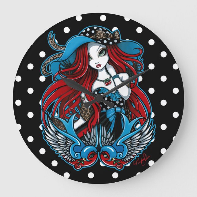 Relógio Grande Emma Rockabilly Swallow Angel Polkadot Clock (Frente)
