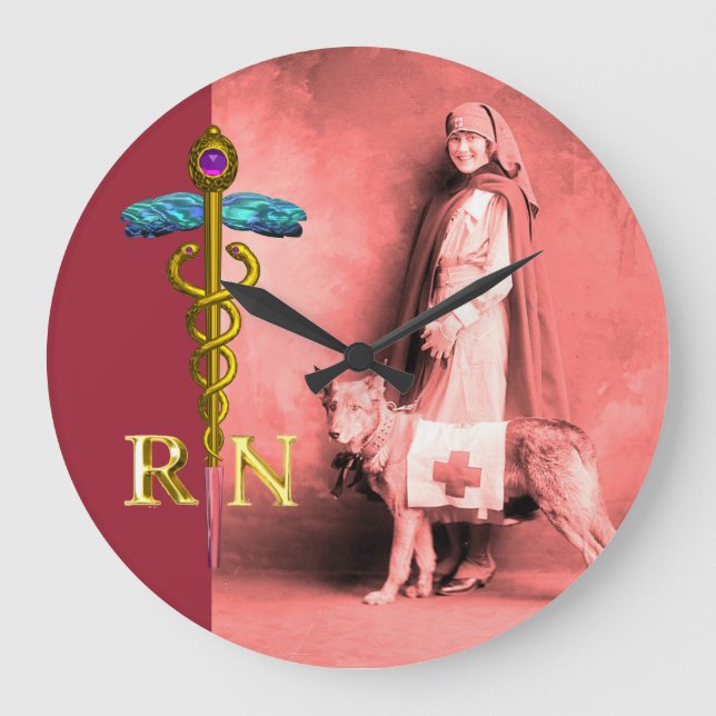 Relógio Grande ENFERMEIRO E CACHORRO DE RESGATE/Caduceus RN Emble (Frente)
