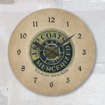 Relógio Grande Ephemera Vintage Sewing<br><div class="desc">Personalize este relógio decorativo único com um nome ou outra legenda de texto para uma sala de costura ou um anzol. Criado com uma imagem da parte superior de um spool vintage de thread em um plano de fundo antigo de aparência de papel. Sua escolha de redondo ou quadrado.</div>