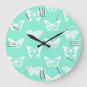 Relógio Grande Esboço da borboleta, aqua e branco