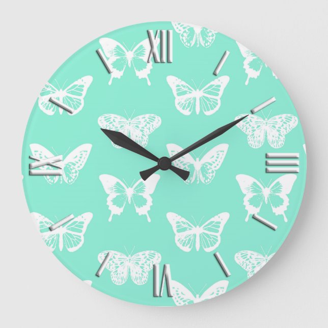 Relógio Grande Esboço da borboleta, aqua e branco (Frente)