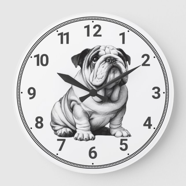 Relógio Grande Esboço de buldogue branco e preto (Frente)