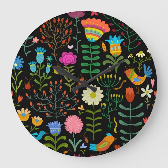 Relógio Grande Esboço floral, padrão artístico perfeito. (Frente)