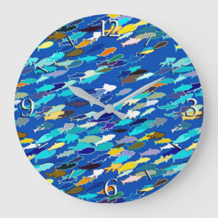 Relógio Grande Escola de peixes, azul escuro, branco, turquesa
