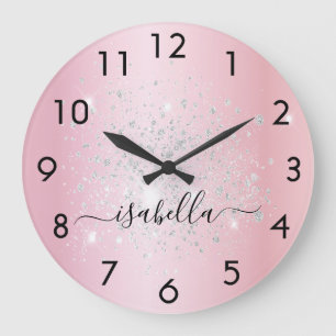 Relógio Grande Espelha o nome da brilha prateada rosa-claro scrip