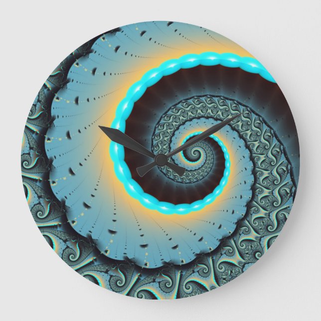 Relógio Grande Espiral de Arte Fractal Laranja abstrato azul Turq (Frente)