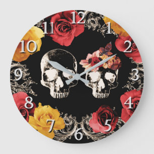Relógio Grande Esqueleto Caveira Vermelho Amarelo Outono Floral
