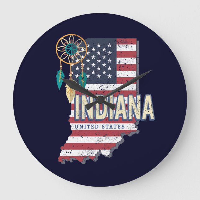 Relógio Grande Estado de Indiana Estados Unidos - Retro Map Vinta (Frente)