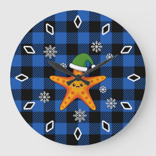 Relógio Grande Estaleiro do Natal Kawaii no padrão azul de búfalo