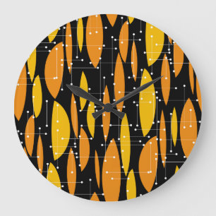 Relógio Grande Estilo atômico, padrão geométrico laranja preto.