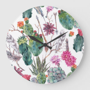 Relógio Grande Estilo Boho, Vintage Cactus Watercolor.