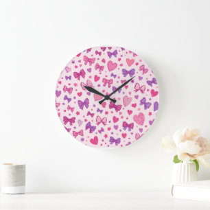 Relógio Grande Estilo Coquete Rosa Roxo Laço & Coração Padrão