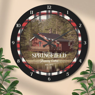 Relógio Grande Estilo de Farmhouse da Xadrez Vermelha Preta Perso