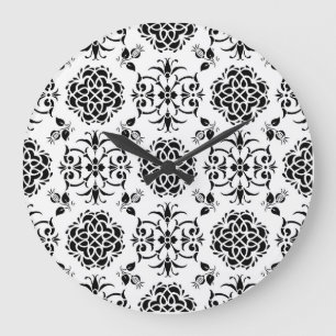 Relógio Grande Estilo Floral Damask Vintage Preto e Branco