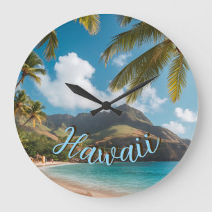 Relógio Grande Estilo Vintage Havaiano Palmeiras Mar Azul Céu Via