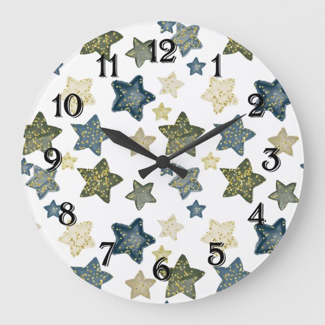 Relógio Grande Estrelas de Aquarela de Confete Dourado (Frente)