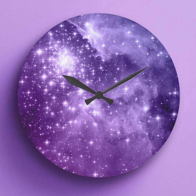 Relógio Grande Estrelas Mágicas Roxas (Purple Magic Stars Large Clock)