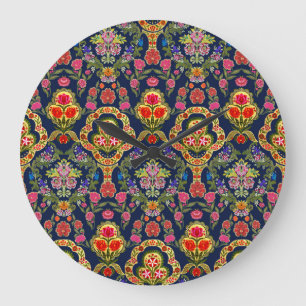 Relógio Grande Etnia Mughal Floral: Padrão Azul Sem Costura