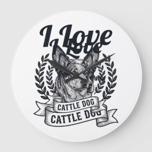 Relógio Grande Eu Amo Meu Design de Gravura Vintage Cattle Dog_1