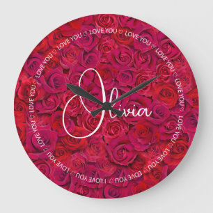 Relógio Grande Eu Amo Você Nome Personalizado Rosas Vermelhas Amo