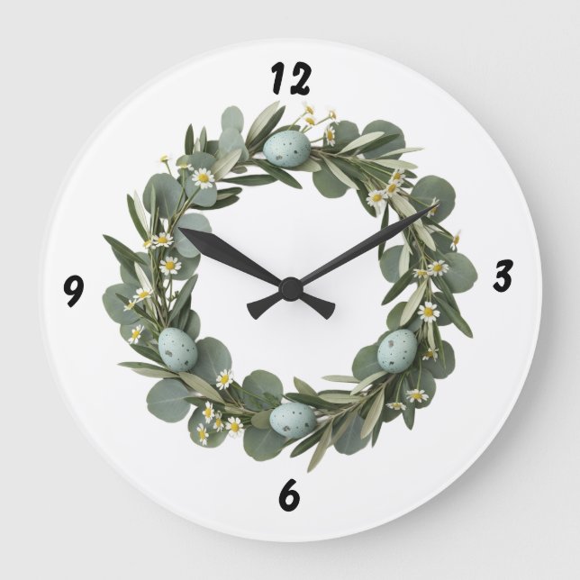 Relógio Grande Eucalyptus & Daisy Spring Wreath Wall Clock (Frente)