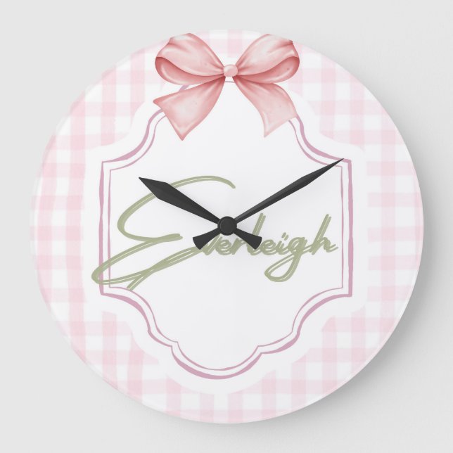 Relógio Grande Everleigh Baby Nursery Gingham Personalizado (Frente)