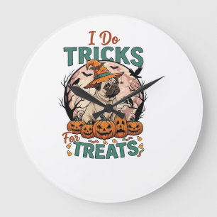 Relógio Grande Faça Truques Guloseimas Halloween Pug Bruxa Chapéu
