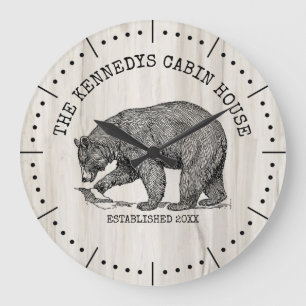 Relógio Grande Família Black Bear Nome Casa da Madeira Natural