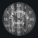 Relógio Grande Família de Madeira Nome da Casa Farmeira Rústica<br><div class="desc">O relógio de parede em estilo de fazenda de madeira das cinzas é perfeito para a cozinha da fazenda do seu país ou sala de estar. Personalize com seu nome de família e estabeleça o ano para um aniversário ou presente de Natal exclusivo e personalizado.</div>