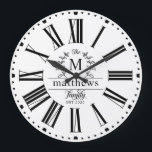 Relógio Grande Família Farmhouse Style Monograma Nome Laurel Wrea<br><div class="desc">Família Estilo de Farmhouse Monograma Nome Laurel Wreath - O relógio da Farmhouse apresenta uma coroa de louros com seu monograma e nome da família. Seu monograma está cercado por uma coroa rústica de louros. A palavra "família" está em uma fonte bonito de script. Acentuado com o coração. O relógio...</div>
