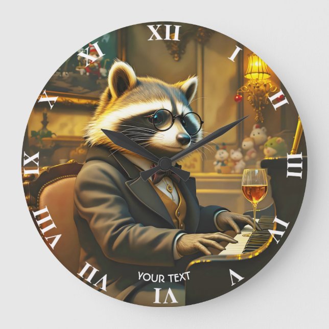 Relógio Grande Fantasia de Guaxinim Fofo Tocando Piano (Frente)