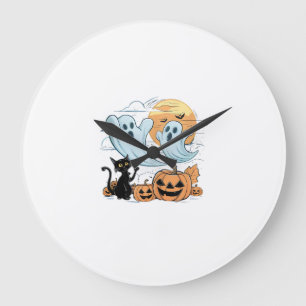 Relógio Grande Fantasma Engraçado & Gato Preto Preguiçoso Hallowe