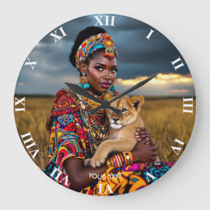 Relógio Grande Fantasy Cute African Woman Lion