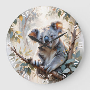 Relógio Grande Fantasy Cute Koala Tree Watercolor